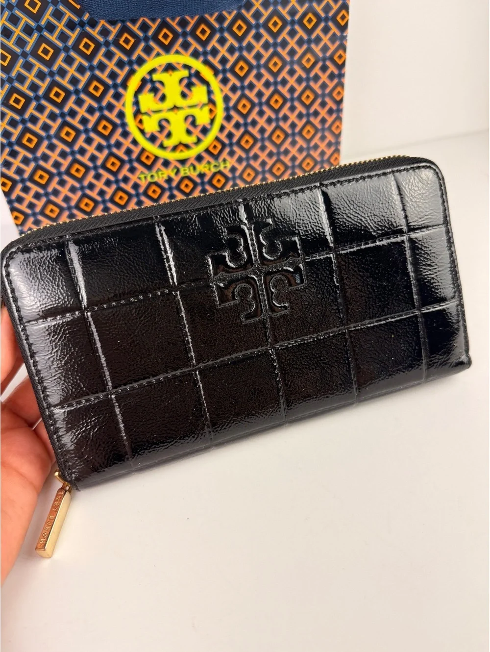 Tory Burch Marion Quilted Patent Leather Zip Around Continental Wallet Black